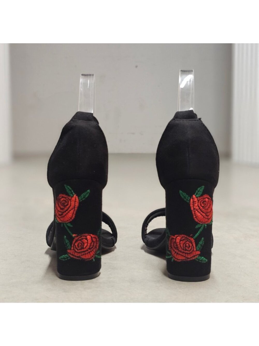 Black Faux Suede Block Heel Sandals With Rose Embroidery & Ankle Strap - Picture 11 of 13